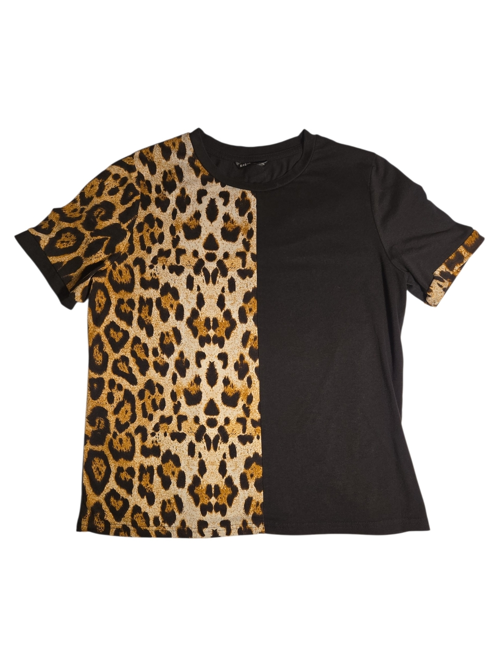 SHEIN Black Tee with Brown Leopard Panel Size M EUC